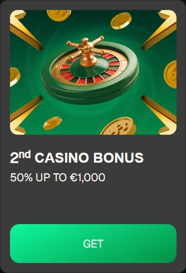 Casino bonus: 50% up to €1,000. Roulette wheel and gold coins for casino promotion.