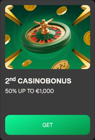 Casino bonus: 50% up to €1,000. Roulette wheel and gold coins.