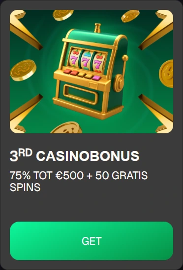 3rd casino bonus: 75% up to €500 + 50 free spins. Slot machine graphic.