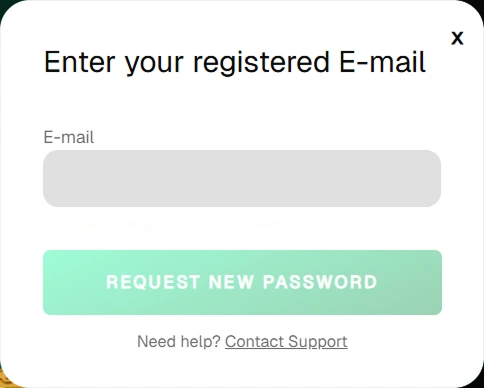 Uspin casino password reset form with email field and "Request New Password" button.