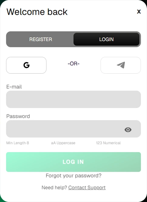 Uspin Casino login screen with email, password fields and social login options.