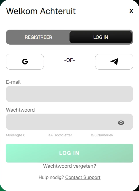 Welkom Achteruit login screen. Registration and login options for an online casino account.