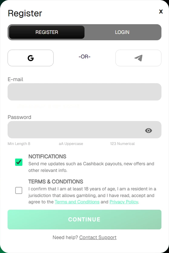 Uspin casino register form with email, password, and terms & conditions checkboxes.