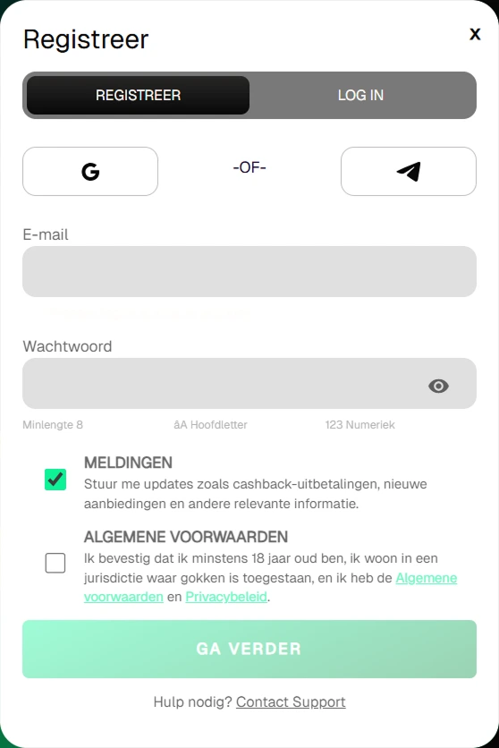 Registratieformulier met e-mail en wachtwoord velden. Online casino registratie.