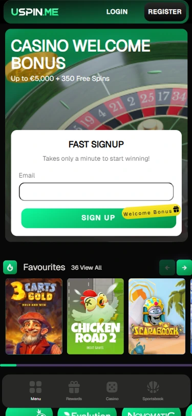 Uspin.me casino signup page with welcome bonus up to €5,000 and 350 free spins.