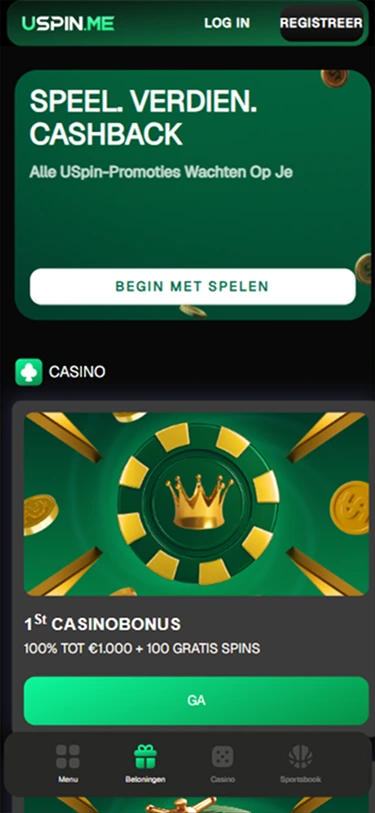 USpin.me casino app: Speel. Verdien. Cashback. 100% tot €1.000 + 100 gratis spins. Online casino bonus.