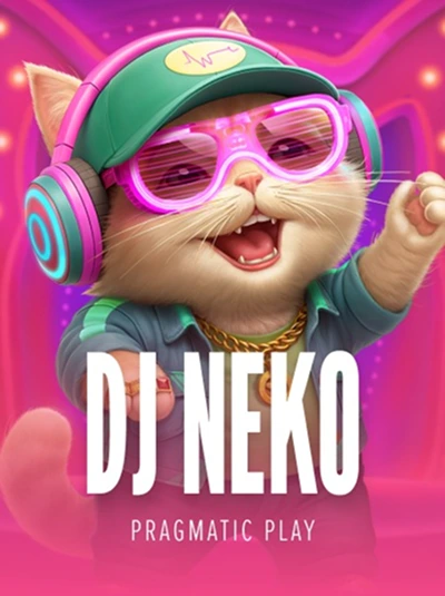 DJ Neko slot game by Pragmatic Play. Cartoon cat DJ with headphones and sunglasses.
