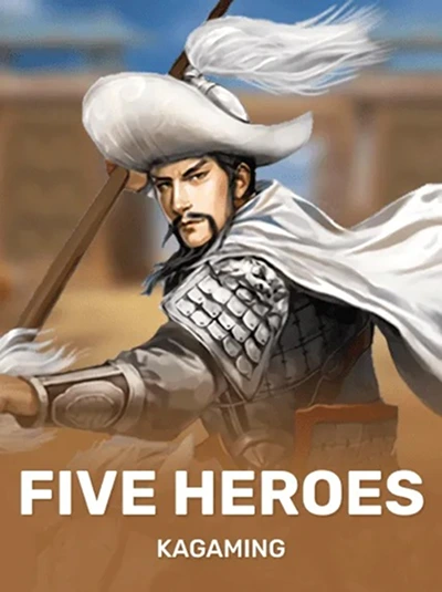Five Heroes game character with spear. Kagaming slot at Uspin casino EN.