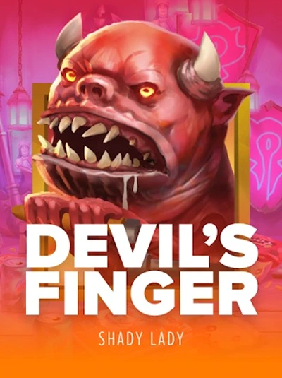 Devil's Finger slot game with a red devil character. Text: Devil's Finger Shady Lady