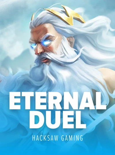 Eternal Duel slot game by Hacksaw Gaming featuring Zeus with glowing eyes and a lightning bolt crown.