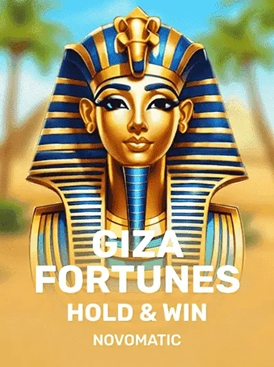 Giza Fortunes Hold & Win slot game banner with pharaoh image. Novomatic.