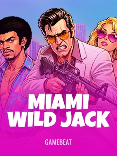 Miami Wild Jack slot game art featuring a man with a gun and two companions.